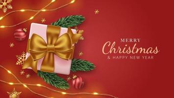 Merry Christmas background with gift, string light, christmas tree branches, and christmas balls. Vector illustration