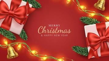 Merry Christmas background with gift, string light, christmas tree branches, and bells. Vector illustration