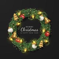 Merry Christmas background with realistic decoration round from christmas tree branches, string light, bells, and christmas balls. Vector illustration