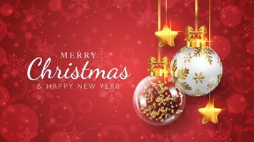 Merry Christmas background with hanging christmas balls and golden stars. Vector illustration