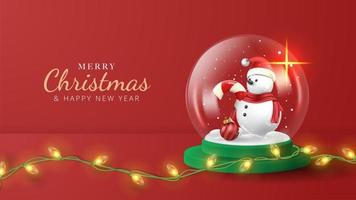 Merry Christmas background with snowman, christmas candy, and string light. Vector illustration