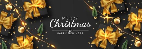 Merry Christmas background with gift, string light, christmas tree and christmas balls. Vector illustration