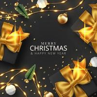 Merry Christmas background with gift, string light, christmas tree and christmas balls. Vector illustration