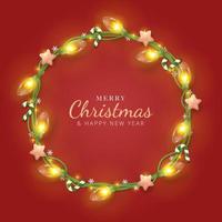 fondo de feliz navidad con decoración realista redonda de luces de cadena, estrellas y dulces navideños. feliz navidad tarjetas de felicitacion. ilustración vectorial vector