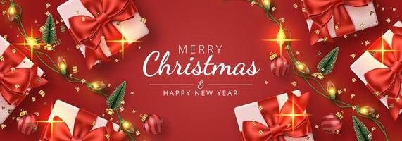 7 fondo de feliz navidad con regalo, luz de cadena, árbol de navidad y bolas de navidad. ilustración vectorial vector