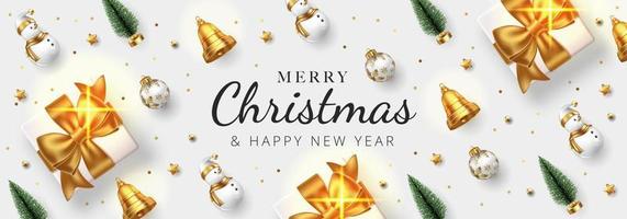 Merry Christmas banner with gift, christmas tree, christmas balls, and bells. Vector illustration