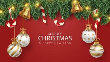 Merry Christmas poster background with christmas tree branche, christmas balls, candy and bells. Vector illustration