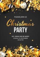 Merry Christmas party poster background with gift, bells, christmas balls, candy and snowflakes. Vector Illustration