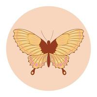 Retro sticker butterfly with vintage flowers inscribed in a circle shape in hippie style 1970 vector