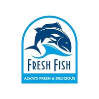 Blue badge of salmon in wave with text Fresh Fish vector