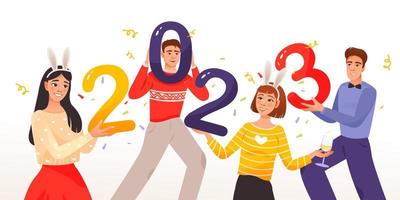 People holding 2023 New Year numbers in hands. Happy people celebrating the beginning of the new year. Cartoon vector illustration