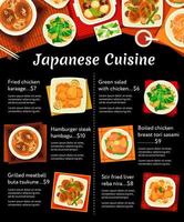 Japanese cuisine vector menu, food meals of Japan