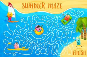 Labyrinth maze, cartoon vitamins on beach vacation vector