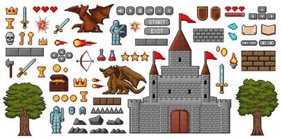 8bit pixel art game icons, medieval knight, dragon vector