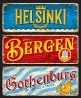 Helsinki, Bergen, Gothenburg city travel stickers vector