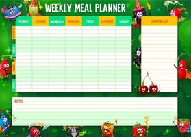 Weekly meal planner with cartoon berry wizards vector