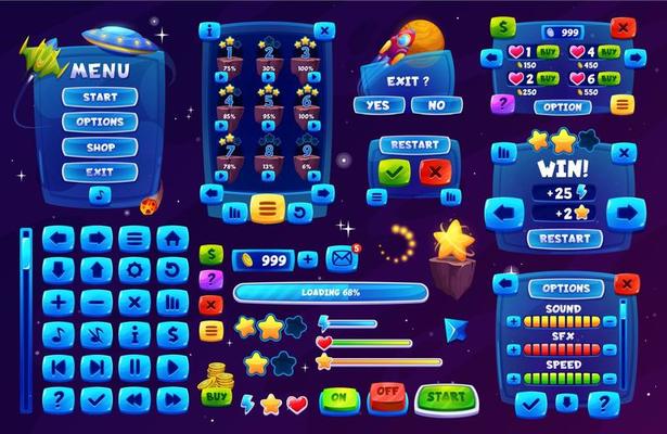 Galaxy space game interface, ui game buttons set