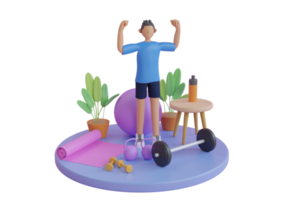 3D junger Mann mit Fitnessgeräten. fitness-gym-konzept, wasserkocherball, fitness-hantel, fitnessmatte, flasche auf violettem hintergrund, muskelübung, bodybuilding. 3D-Rendering png