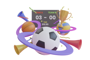 3D-Darstellung des Fußballs. Fußball, Basketball, Volleyball mechanische Anzeigetafel isoliert auf violettem Hintergrund. Sportwettkampf. Live-Punktzahl. 3D-Rendering png