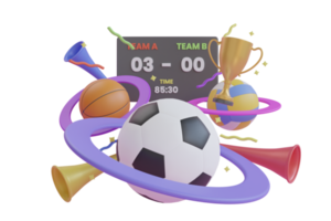 3d illustratie van voetbal. Amerikaans voetbal, basketbal, volleybal mechanisch scorebord geïsoleerd Aan Purper achtergrond. sport- wedstrijd. leven scoren. 3d renderen png