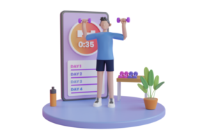 Illustration de l'application mobile d'entraînement 3d. jeune homme dans la salle de gym faisant des squats avec des haltères à l'aide d'un téléphone intelligent pour les exercices. concept d'applications de sport et de gym pour smartphone. rendu 3d.
