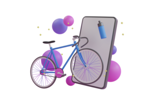 conceito de aplicativo de ciclismo 3D. esporte ao vivo online a partir de um smartphone. bicicleta azul entre bolas coloridas em um fundo rosa. bicicleta cercada por smartphone, bola e garrafa. renderização em 3D png
