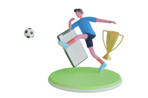 3D Soccer player kicks the ball on the soccer field.Soccer player kicks the ball on the soccer field.Professional soccer player in action. 3D Rendering png