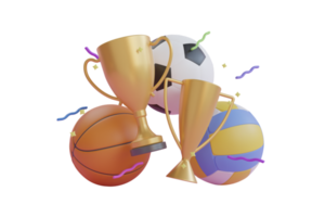 3D Champion different types of sport balls used in the sports of basketball, soccer, volleyball. sports ball concept design. banner trophy sports ball.3d rendering png