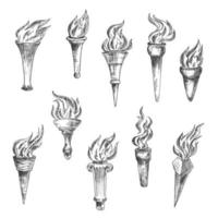 Antique flaming torches sketches set vector