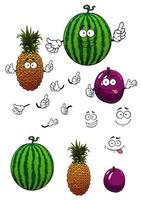 dibujos animados de frutas de sandía, piña y ciruela vector