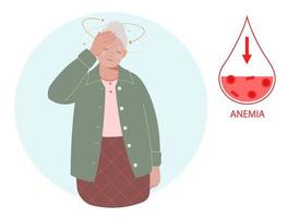 Elderly woman suffers from anemia and dizziness.  Low hemoglobin. Concept of health protection vector