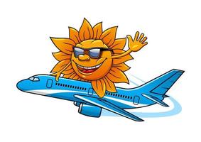 Cartoon sun in sunglasses flying on airplane vector