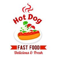 Fast food hot dog with fresh vegetables badge vector