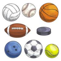 juego de pelotas deportivas. iconos de dibujo a lápiz de color dibujados a mano. vector