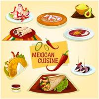 Mexican cuisine taco, burrito and tortilla icon vector