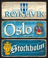 Oslo, Stockholm, Reykjavik city travel stickers vector