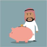 Arab businessman puts a coin into piggy bank vector