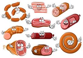 Cartoon sausages, bacon, steak and roast beef vector