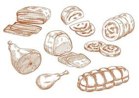 Fresh meat products sketches set vector