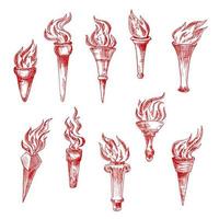 Handheld and wall red flaming torches sketch icons vector