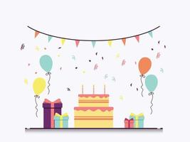 pastel de cumpleaños con caja de regalo y globos en una ilustración de vector de diseño plano de fondo blanco. diseño para la web.