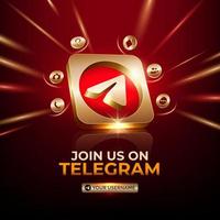 Telegram square banner 3d gold icon for business page promotion social media post