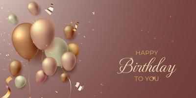 feliz cumpleaños celebración de banner de lujo oro rosa con globos y cintas realistas en 3d vector