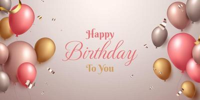 Happy birthday celebration card and banner with luxury balloons and ribbon. 3d realistic background style. vector