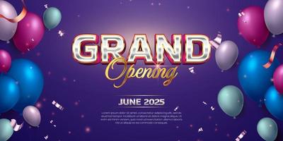 Grand opening celebration banner with realistic colorful balloons and golden confetti, serpentine and blue background vector