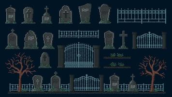 Cemetery 8 bit pixel game asset. Gravestone, fence vector