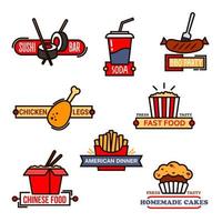 Fast food, sushi bar and bakery icons vector