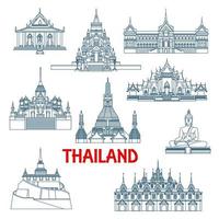 Thai travel landmarks thin line icons vector