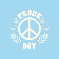 Vector illustration with white symbol peace, text and branches on a blue background. Festive concept in flat style. International Day of Peace