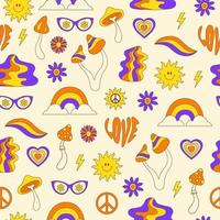 Retro groovy seamless pattern with hippie elements on a light background. Vector illustration in style 70s, 80s